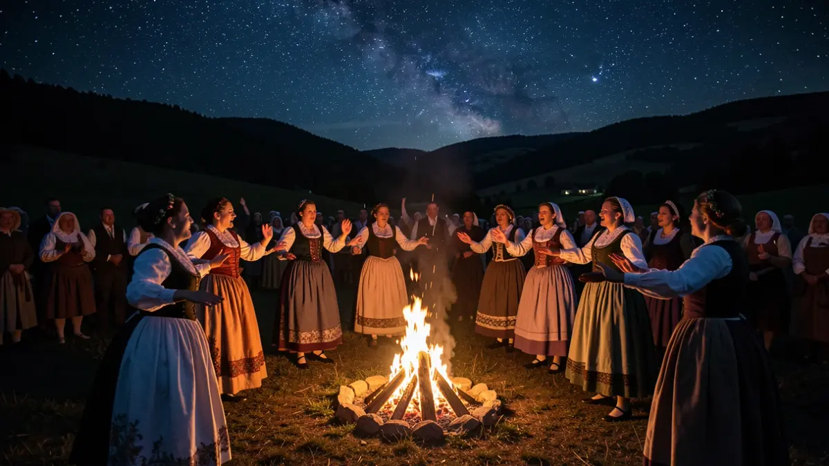 Group of women dancing around a bonfire in a mystical night atmosphere.