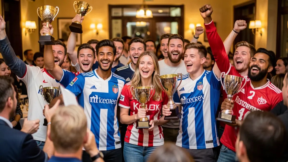 Generic image: A group of young footballers celebrating a victory.