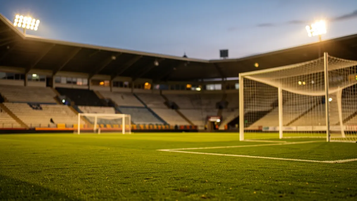 Campo de fútbol al atardecer, iluminado.