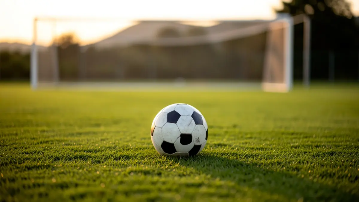 Balón en un campo de fútbol, durante la hora dorada.