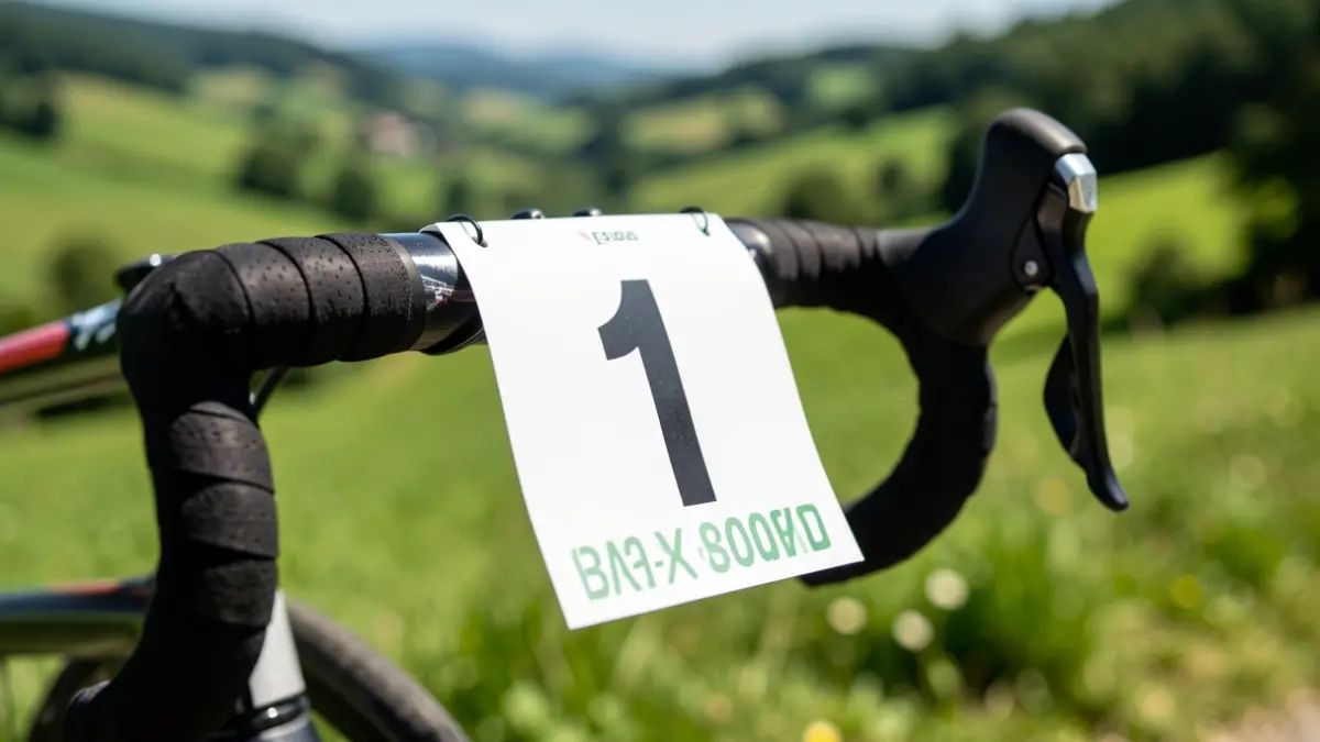 Primer plano del dorsal de ciclismo número '1' en el manillar de una bicicleta, con el paisaje verde del País Vasco difuminado al fondo.