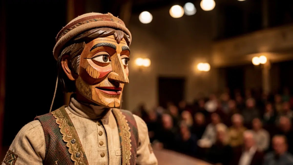 Imagen de primer plano de un títere tradicional vasco en un escenario de teatro.