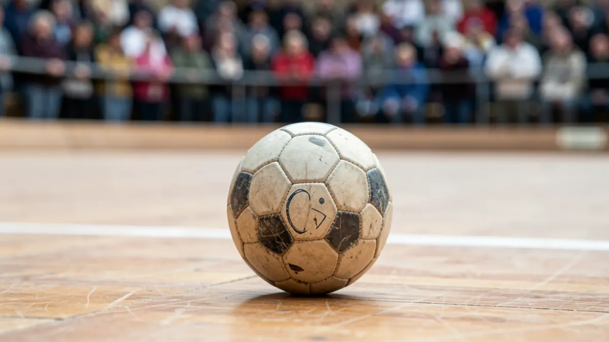 Una pelota de frontón sobre el suelo de una cancha.
