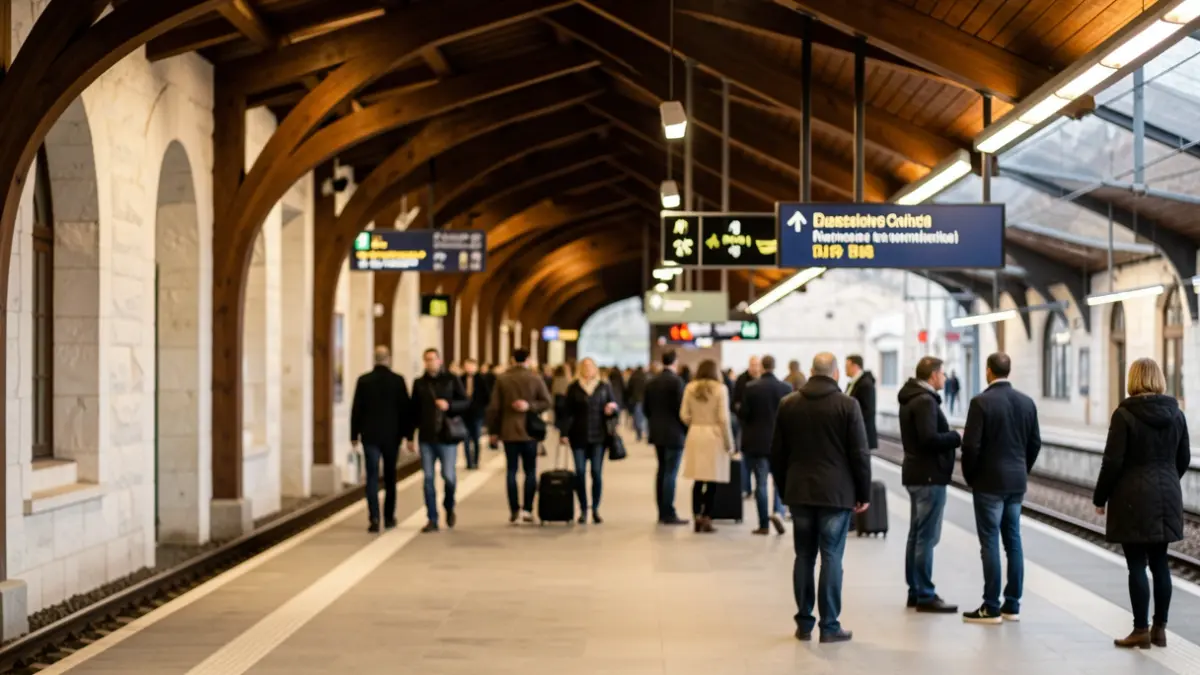 Imagen genérica: Plataforma de estación de tren moderna con vías y señalización difuminadas, elementos de arquitectura vasca.