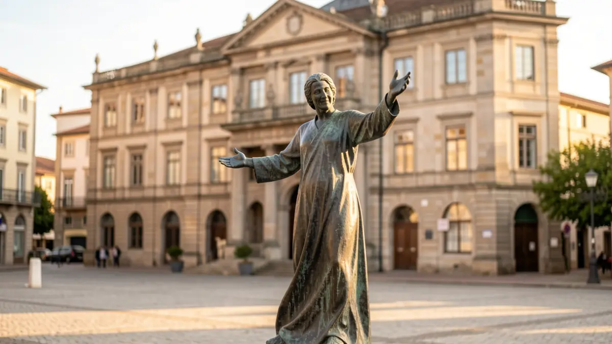 Imagen genérica de una escultura de bienvenida en una plaza de Azkoitia, con la fachada del Palacio Intsausti al fondo.