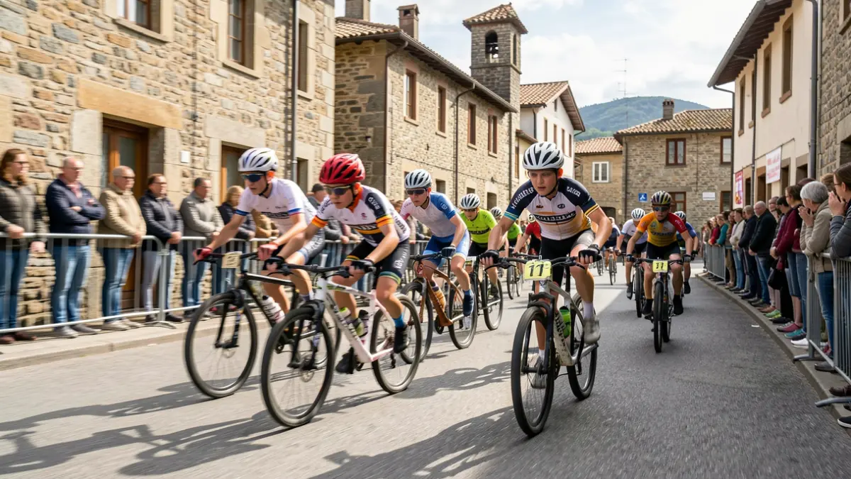 Generic image of young cyclists racing on an urban circuit in a Basque town.