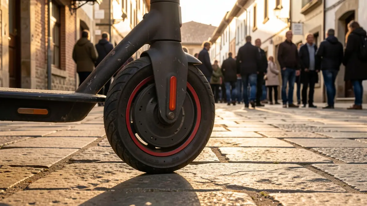 Irudi generikoa: Euskal Herriko herri bateko harrizko espaloi batean aparkatuta dagoen patinete elektriko baten gurpilaren hurbileko irudia, arratsaldeko argi epela.