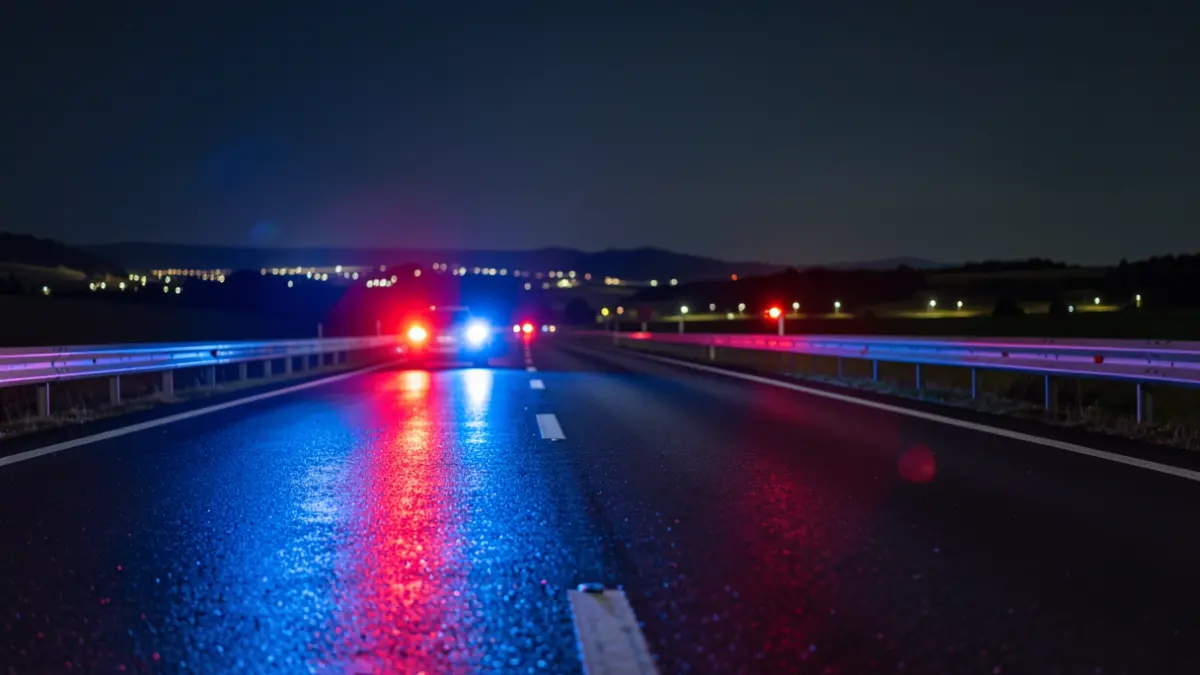 Generic image: blue and red emergency lights reflecting on a highway at night.