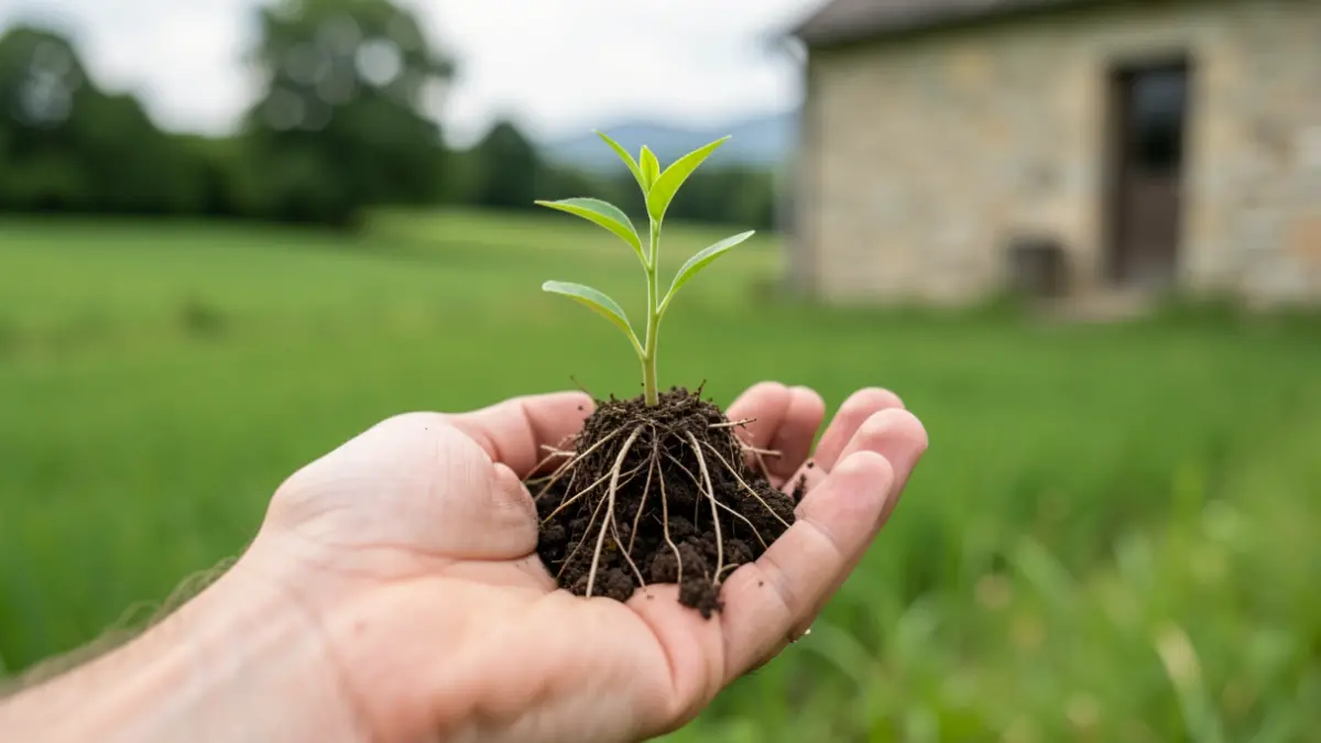 Generic image: Hand holding a small seedling with roots, with green fields and a stone building in the background.
