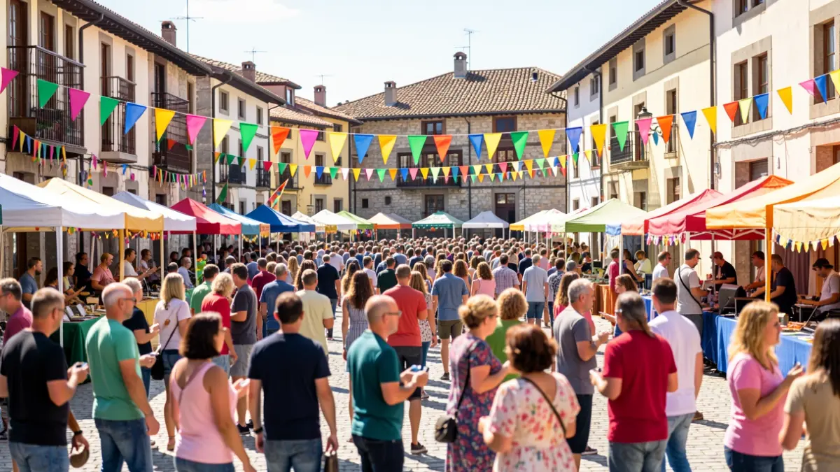 Imagen genérica de un festival multitudinario en una plaza de pueblo vasco, soleado y colorido.