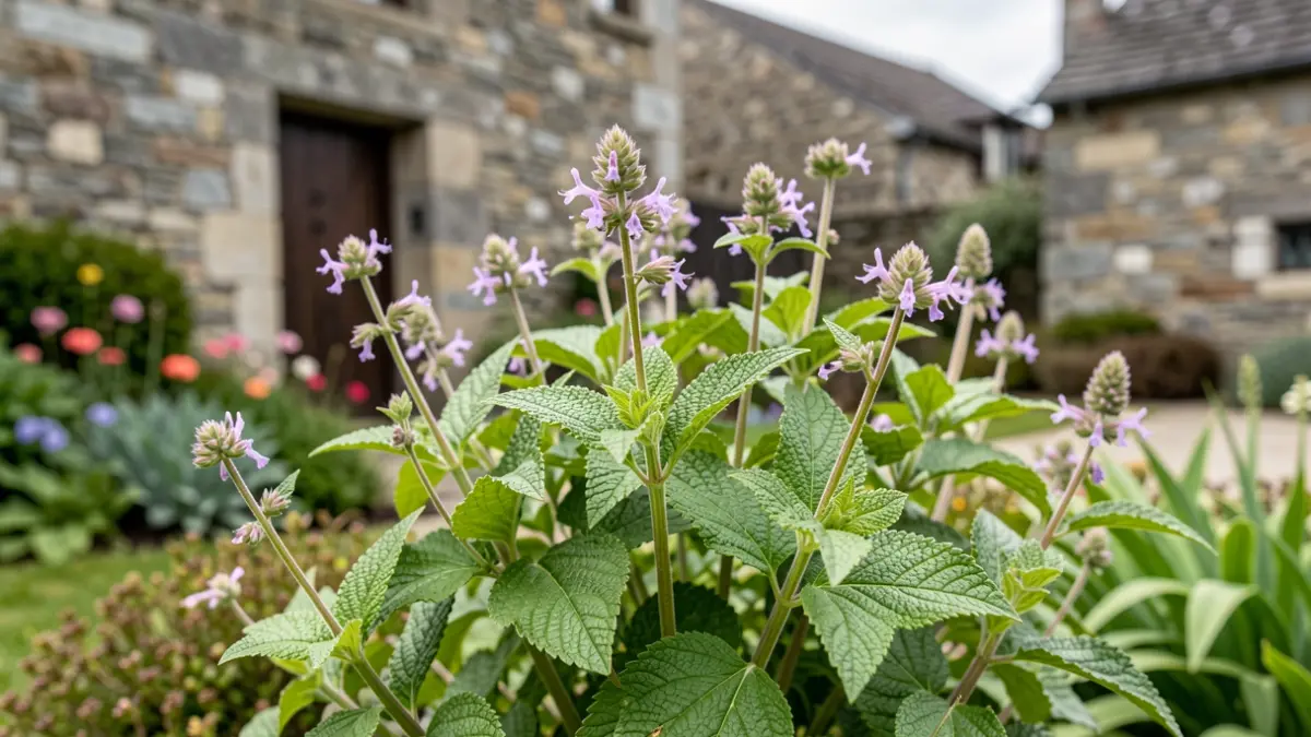 Close-up of a naturalistic garden with perennial plants, featuring hints of traditional Basque architecture in the background.