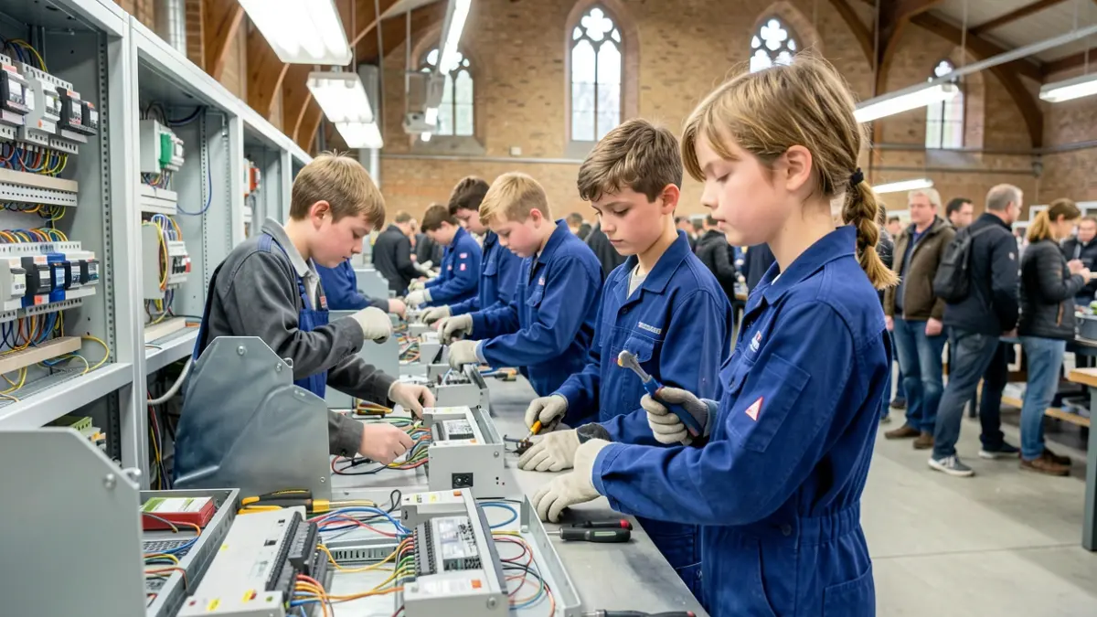 Young vocational training students working on electrical panels with tools, bright lighting, and Euskadi style architecture in the background.