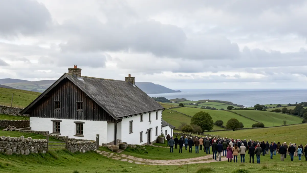 A traditional Basque farmhouse with green hills and the coast in the background.