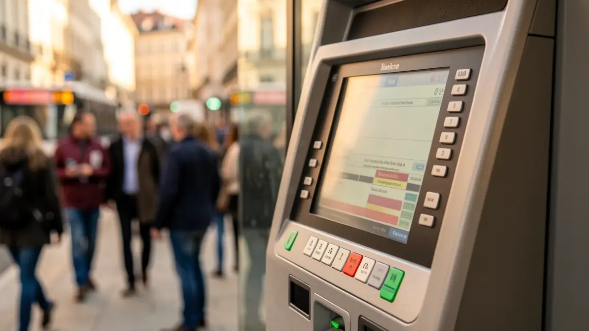 Public transport ticket machine in an urban setting.