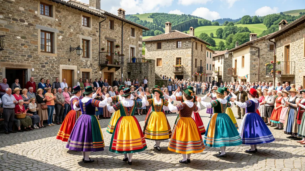 Imagen genérica de danzas folclóricas vascas en una plaza de pueblo.