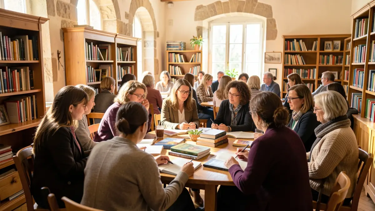 Imagen genérica: Grupo de mujeres conversando alrededor de libros, con arquitectura vasca de fondo.