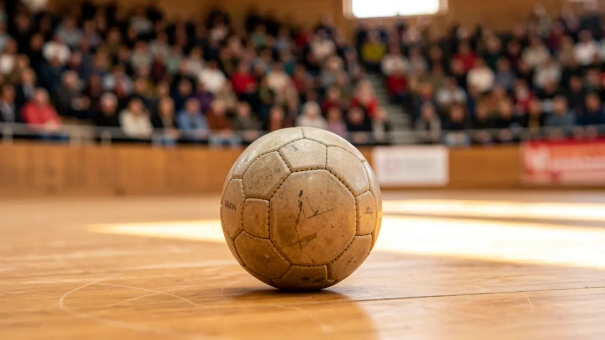 Image of a pelota ball, with the fronton court and spectators blurred.