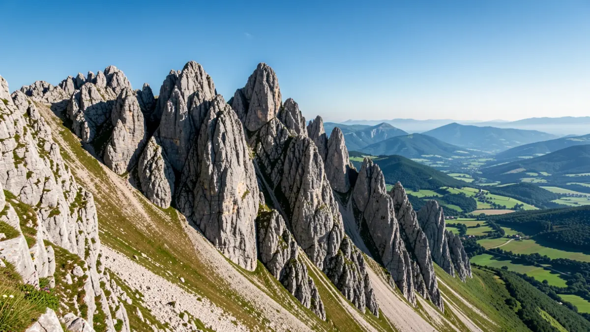 View of the Aloña mountain range, featuring limestone peaks and the surrounding green landscape.