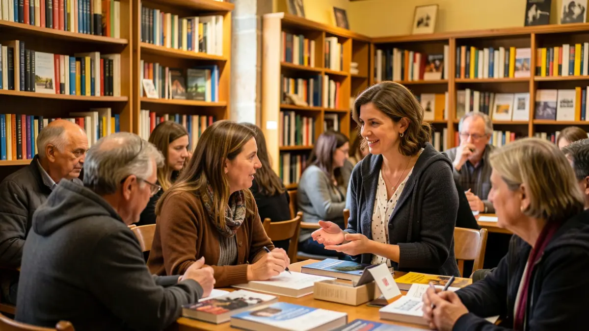 Book presentation atmosphere, with the author and books.