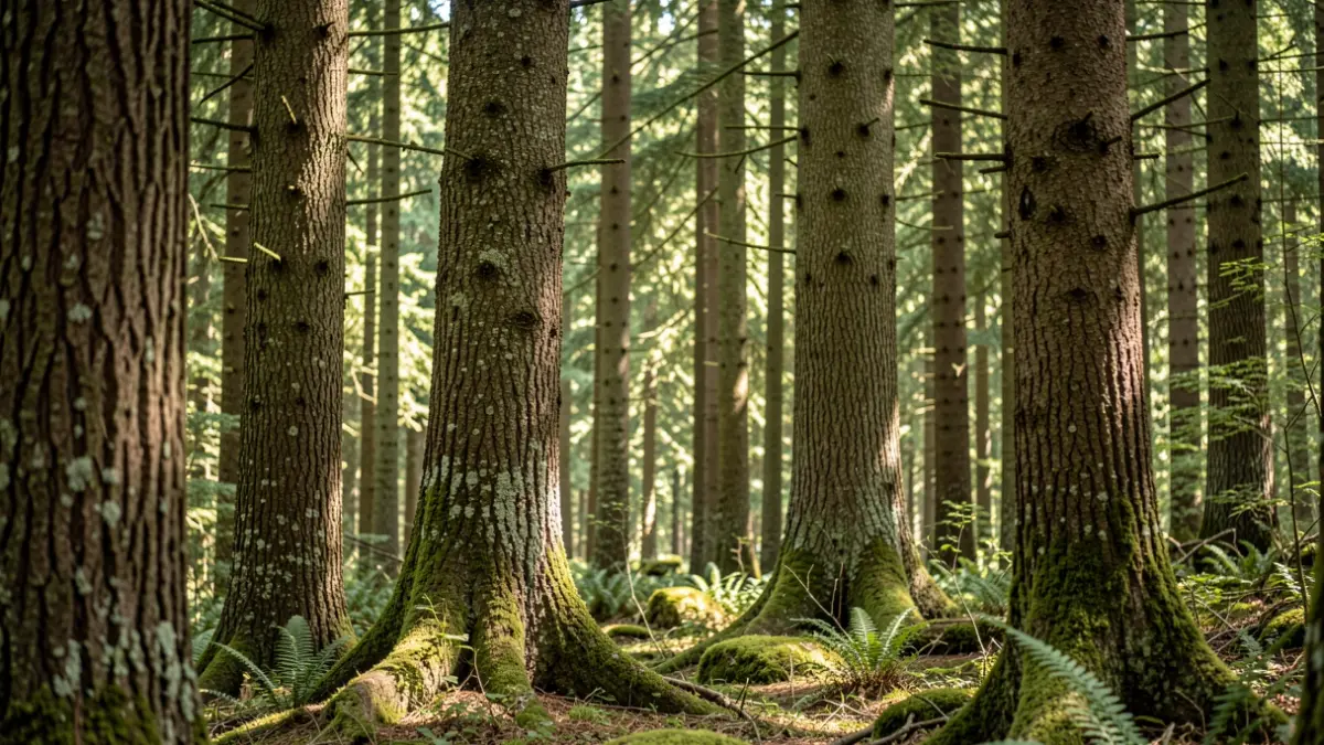 Un bosque denso y antiguo con árboles altos, la luz del sol filtrándose a través del dosel, creando luz moteada.