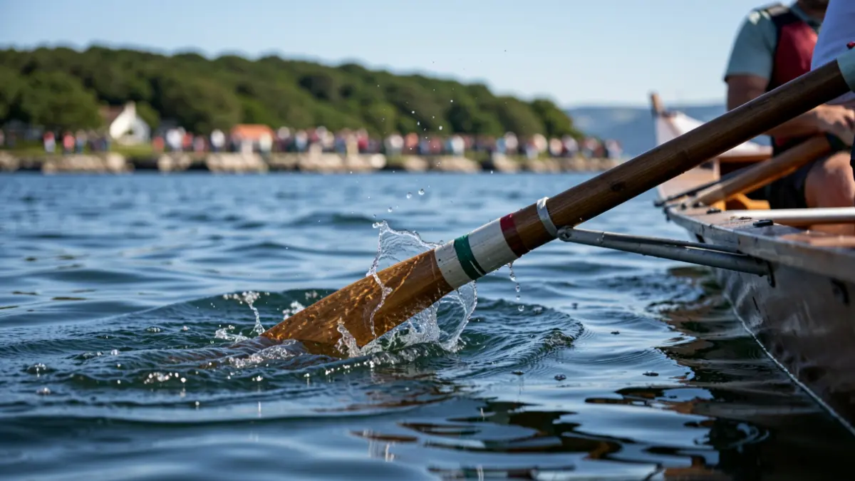 Close-up of a rowing boat's oar splashing into the water, creating ripples, with the blurred green coastline of Euskadi in the background under a clear blue sky.