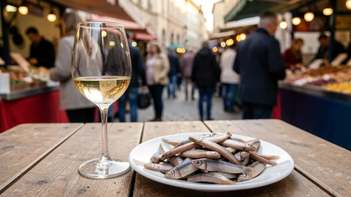 White wine and Cantabrian preserves at the Tolosa fair.