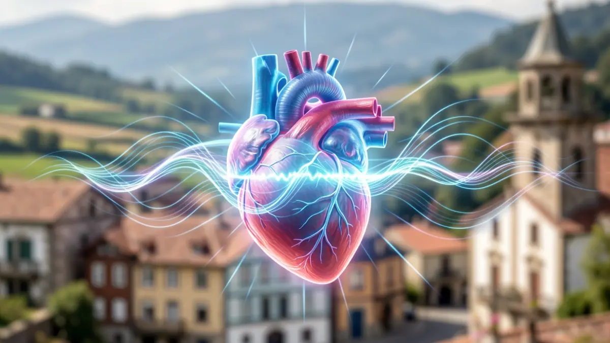 Imagen genérica: un corazón simbólico que genera pulsos, sobre un fondo de paisajes vascos difuminados y arquitectura tradicional.
