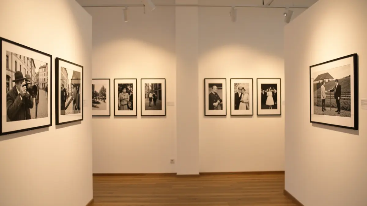 Interior de una sala de exposiciones de fotografía, con fotografías en blanco y negro enmarcadas en las paredes.
