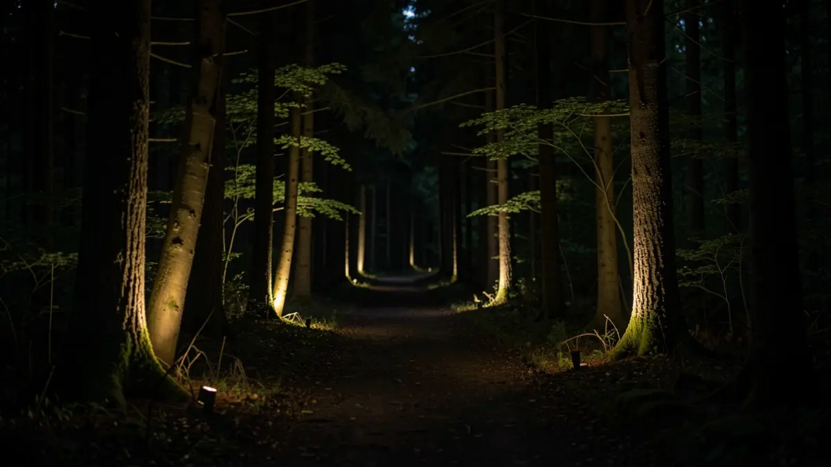 A dark forest in Euskadi at dusk, with subtle artistic light installations projecting soft glows on trees and the ground.