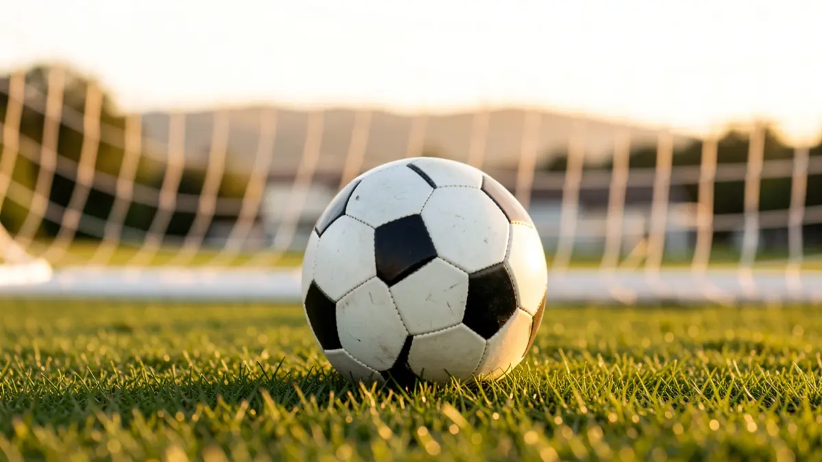 Generic image: Soccer ball on grass, white net blurred, golden light.