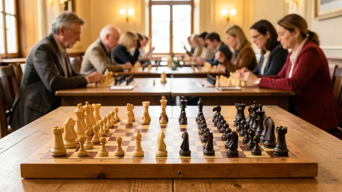 A chessboard with pieces ready for play in a brightly lit hall.