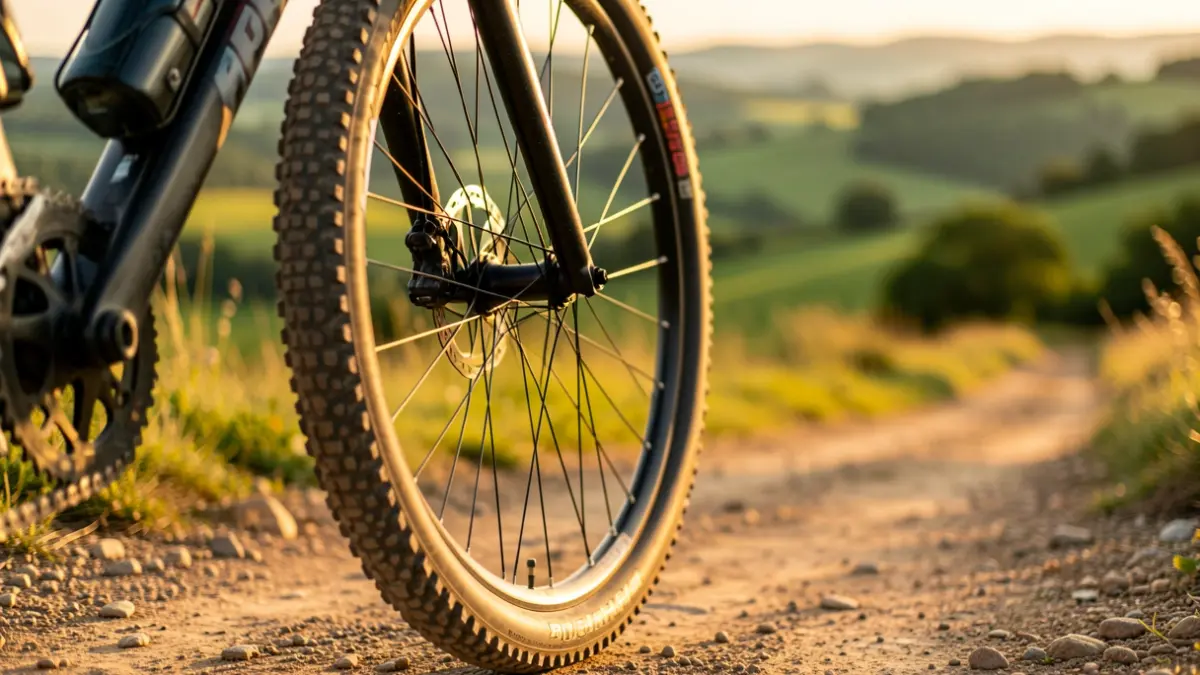 Gravel bike wheel on a trail in Aiaraldea.