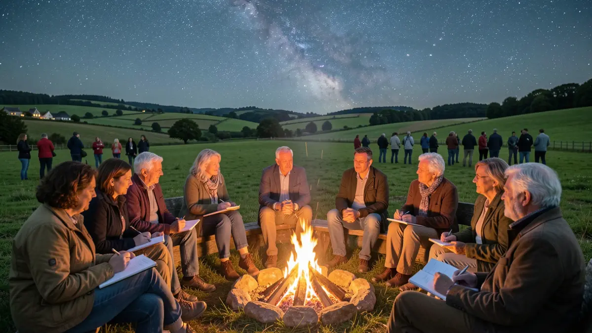 Imagen genérica: Un grupo de escritores de diversas edades alrededor de una hoguera en un paisaje del País Vasco.