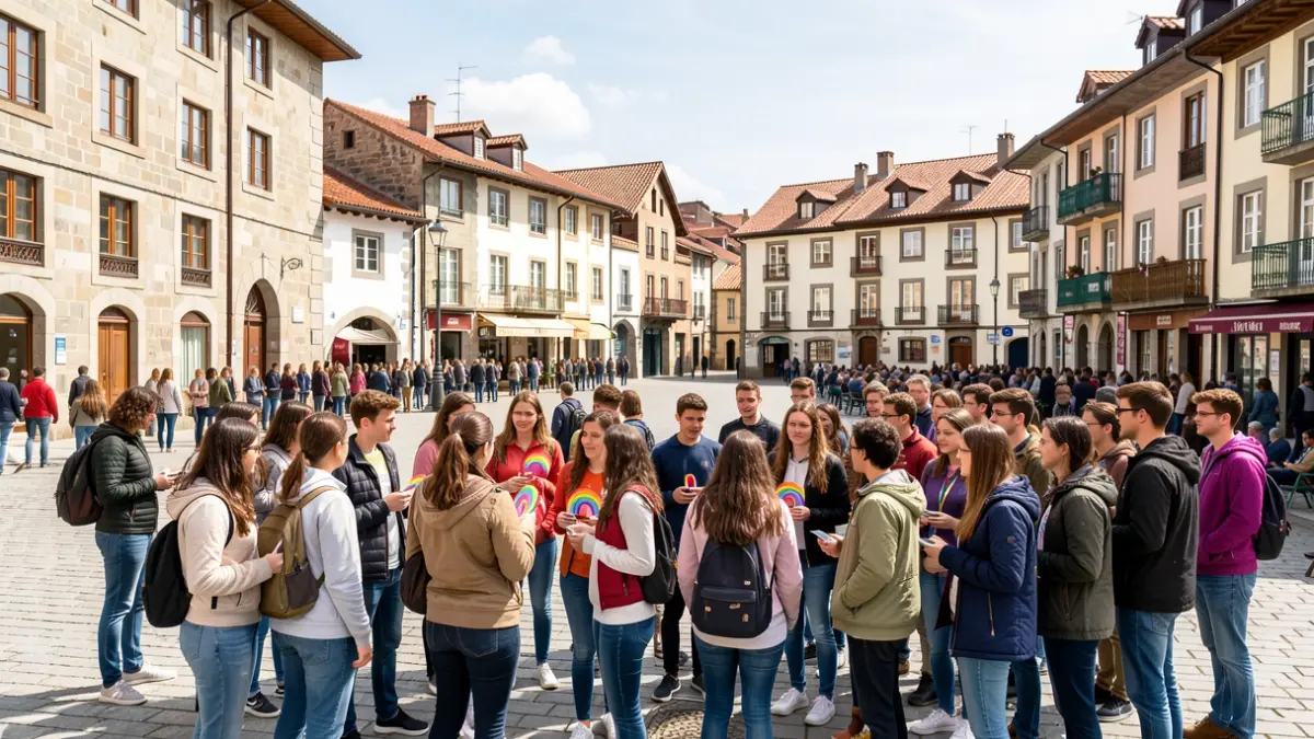 Imagen genérica: Un grupo diverso de jóvenes en una plaza del País Vasco, destacando la comunidad y el diálogo.