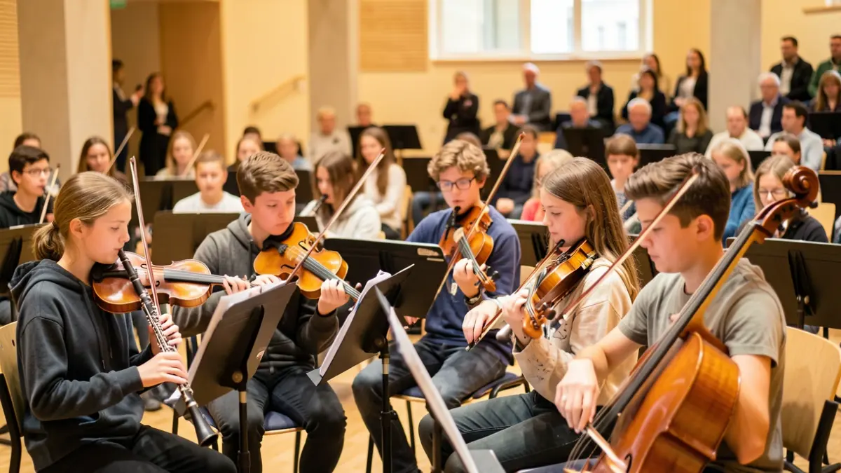 Irudi generikoa musika eskolako ikasleek hainbat instrumentu jotzen ari direla.