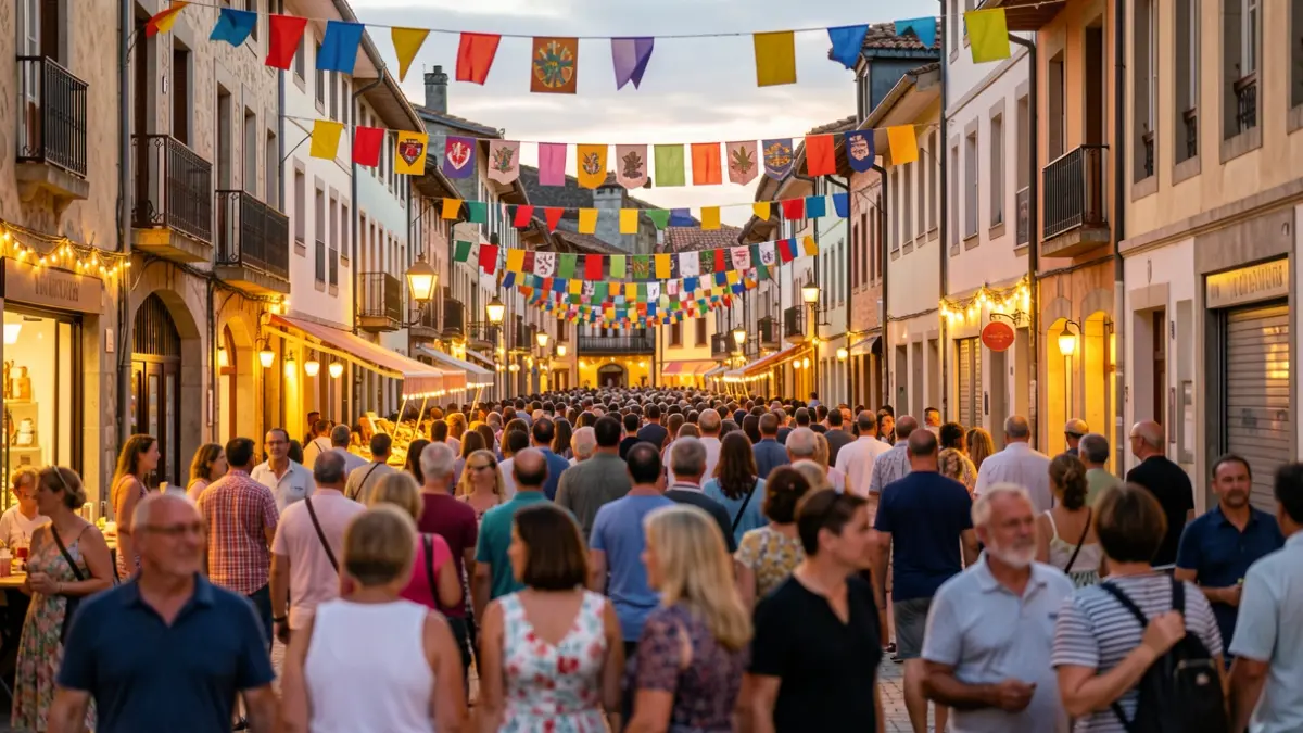 Generic image of a street scene in a Basque town during a festival, with blurred crowds, colorful banners, and warm evening lights.