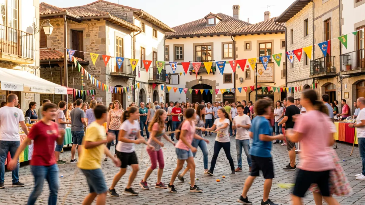 Generic image of a festive street scene with young people participating in games and traditional architecture.