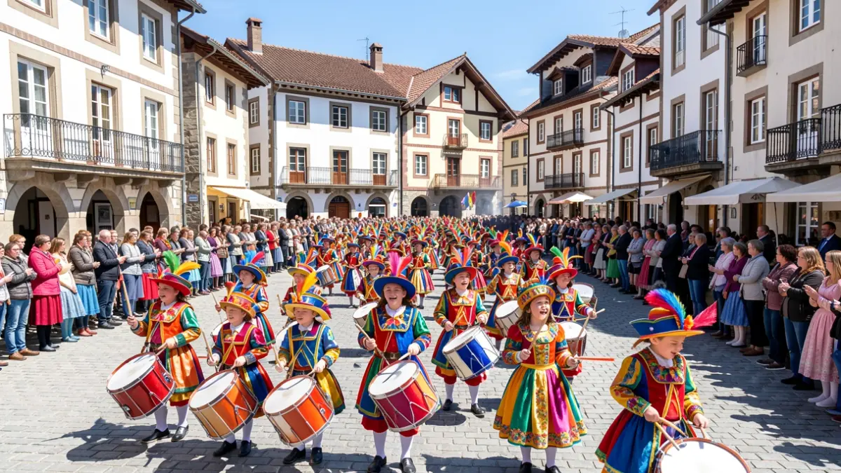 Generic image of a children's tamborrada in a Basque Country square.
