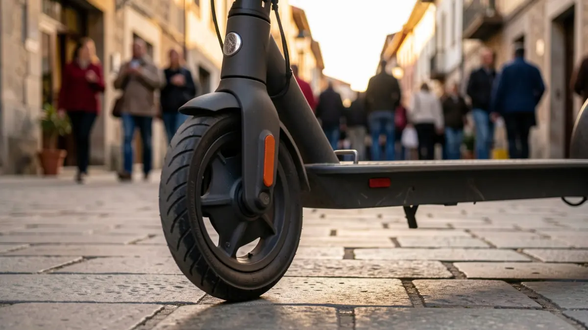 Irudi generikoa kale harriztatu batean aparkatutako patinete elektriko bati buruzkoa da.