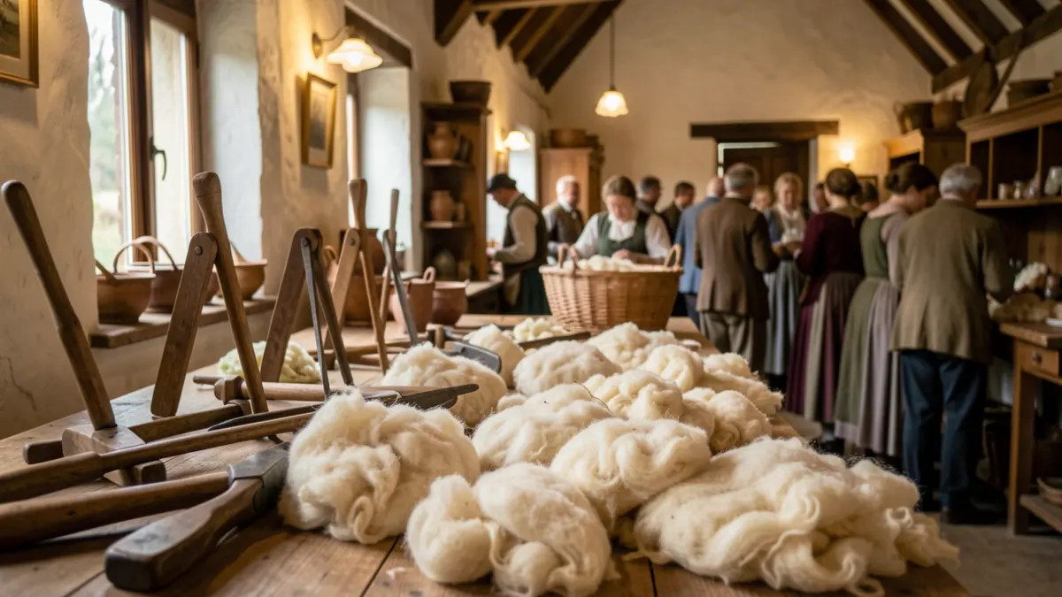 Generic image of wool processing tools and raw wool.