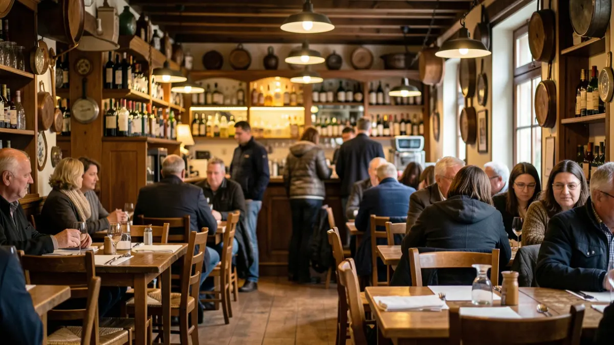 Generic image of the interior of a Basque txoko with wooden tables and chairs, warm ambient lighting.