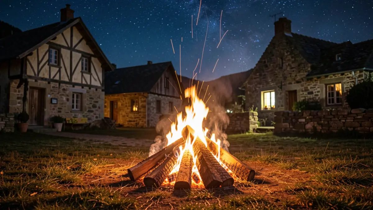Generic image showing a bonfire and traditional Basque architecture.