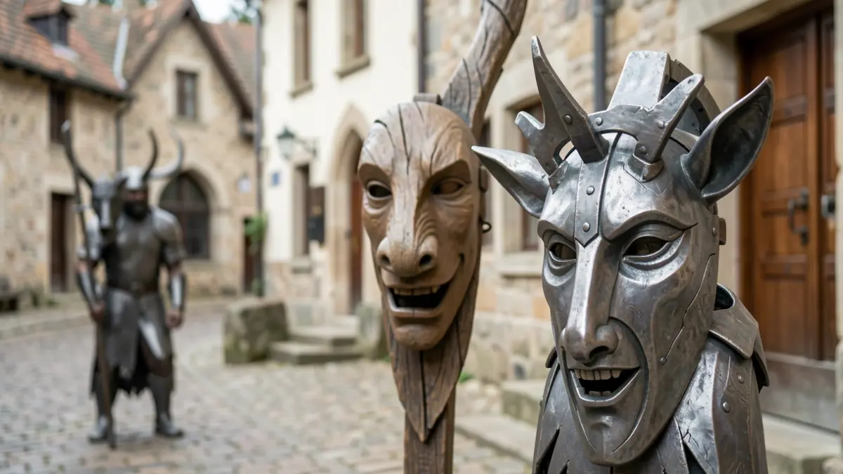 Nuevas máscaras que representan personajes y animales de la mitología vasca, tallas de madera, luz natural cálida, tarde de verano, entorno del museo etnográfico de Artziniega.