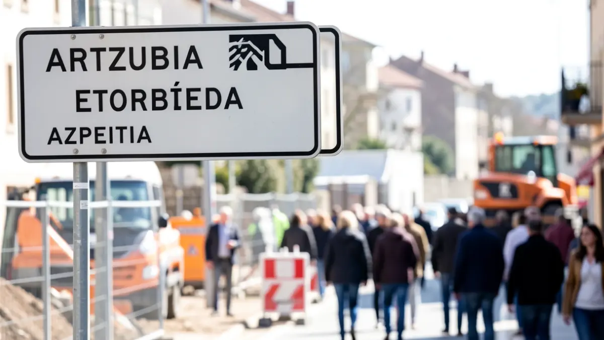 Azpeitia, Artzubia etorbideko seinalea, obren oztopoak eta ekipamendua atzealdean.