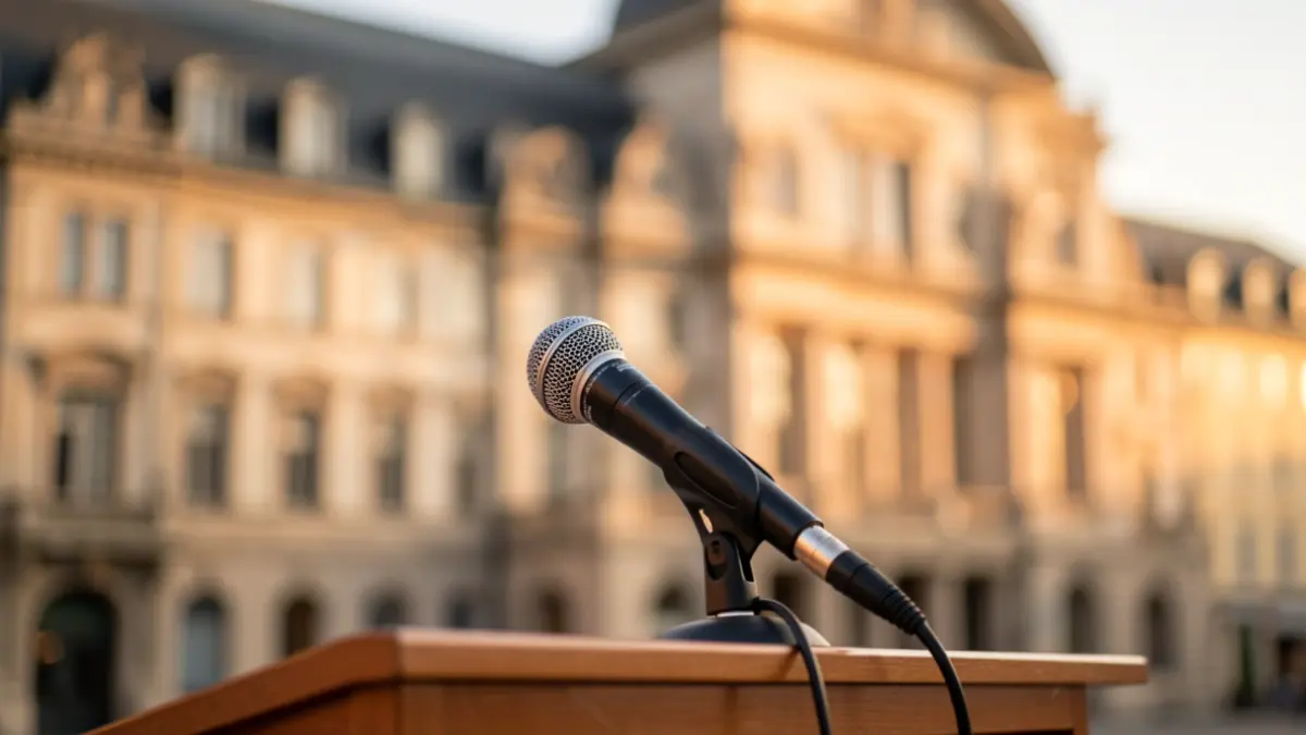 Irudi generikoa: Mikrofonoa podium batean, Bilboko Udaletxearen fatxada lausoa atzean, arratsaldeko argi beroa.