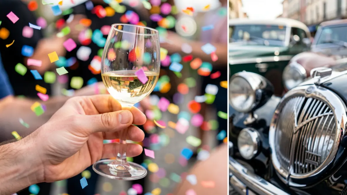 Generic image: Hand holding a glass of txakoli, confetti in the background, and details of a classic car.