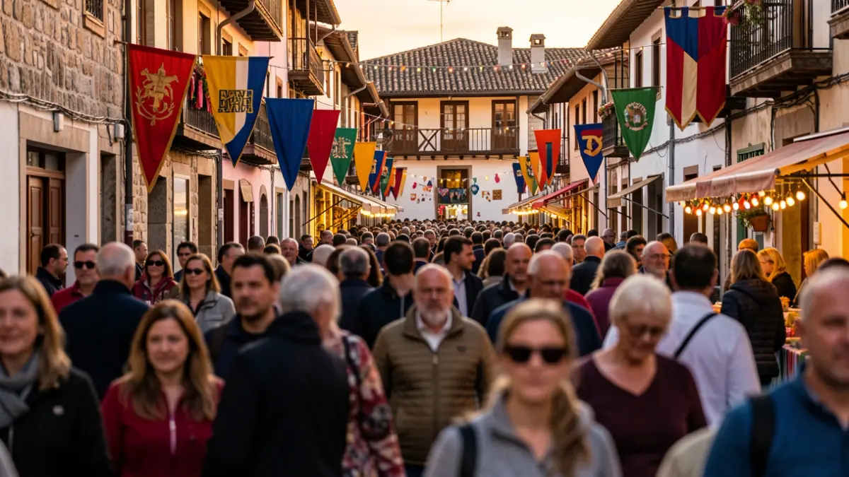 Generic image: Festive street scene in a Basque town, with crowds and traditional architecture.