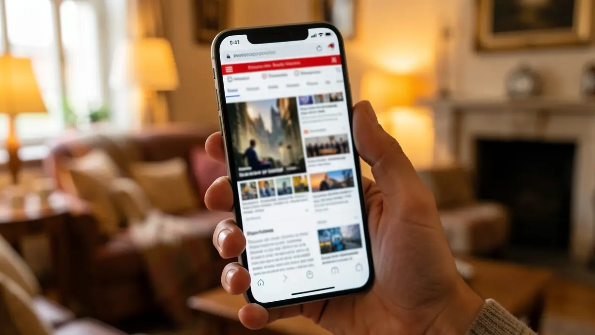 Generic image of a hand holding a mobile phone, reading news.