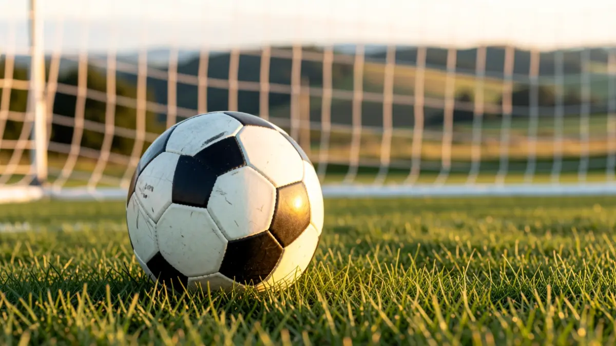 Futbol pilota belar gainean, sareta lausotuta atzealdean.