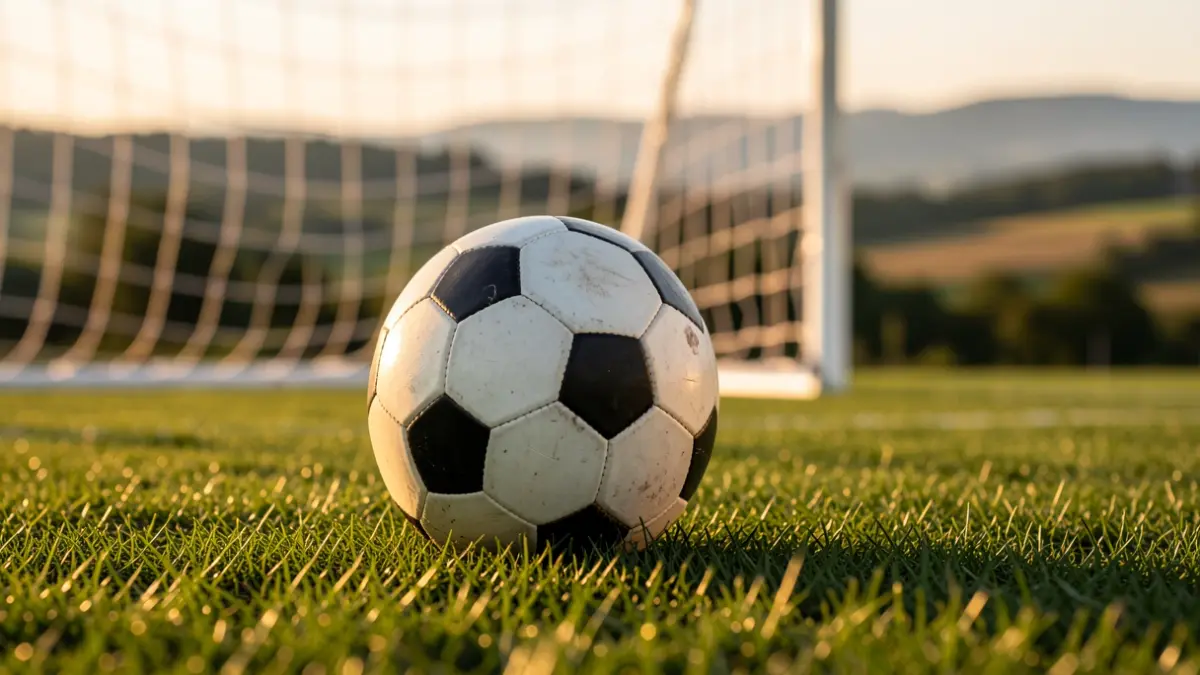 Futbol zelai batean dagoen pilota baten hurbileko irudia, urrezko argitan.